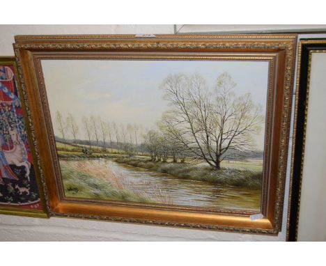 K W Hastings, study of a river scene, oil on canvas, gilt framed