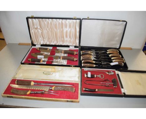 Four cases of various steak knives, carving sets, bar tools etc