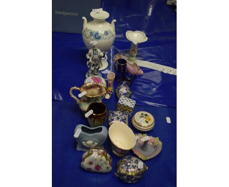 Mixed Lot: Various small porcelain trinket boxes, Wedgwood vase, model shoes and other items