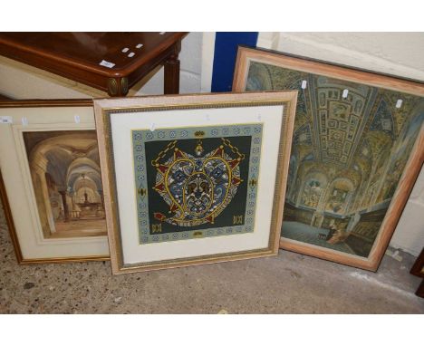 Interior study together with a further coloured print and a needlework picture (3)