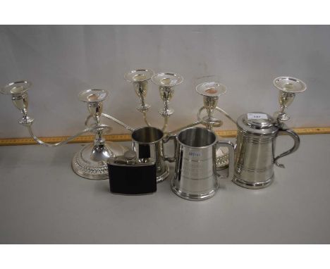 Pair of silver plated candelabra plus further tankards and hip flask