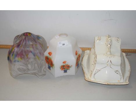 Mixed Lot: Two vintage glass light shades and a wedge formed cheese dish