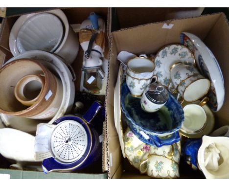 A Sailsbury enamel and gilt tea service; together with coffee grinder, stoneware kitchenalia, etc (two boxes) 