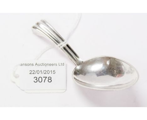 R E Stone, a modernist silver caddy spoon, fluted handle with rat-tail, Edinburgh 1972