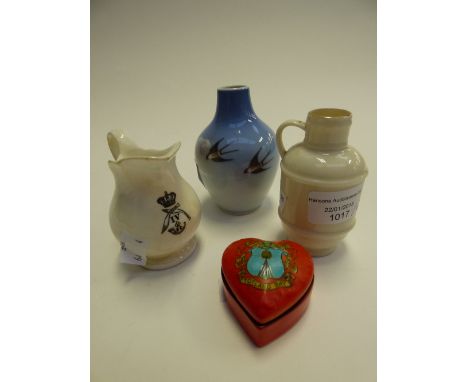 A Royal Copenhagen vase, together with Goss miniature jug, crested, another porcelain jug, 19th century, and a heart shaped b