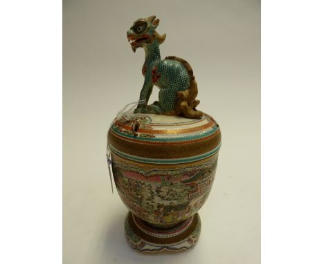 A Japanese Satsuma three piece Koro, Meiji, decorated with temple and landscape scenes with Empress and subjects, the finial 