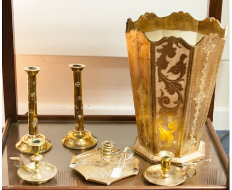 A pair of gilt brass candle sticks, together with a pair of brass chamber sticks, assorted trinket dishes and a gilded bin
