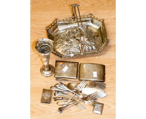 Two silver cigarette cases; a silver vesta case; loaded silver vase; plated basket; cutlery; etc 