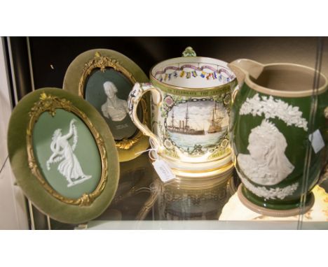 A Copeland tyg, commemorating The Battle of Trafalgar; a Copeland-late-Spode jug commemorating Queen Victoria; two Wedgwood t