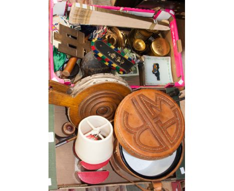 A Large pair of bellows, leather lidded bucket, two tin bins, chamber stick, golf clubs, bell ext. ( 2 boxes and 2 bins)