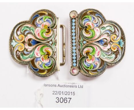 An Imperial Russian silver gilt and cloisonné enamel belt buckle, mark possibly of Mathias Kilpelainen, St Petersburg, 1898, 