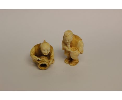 Two 19th century Japanese ivory netsuke each in the form of a man with basket (2)