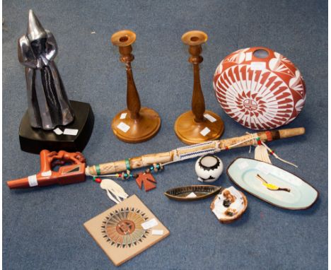 A Native American style Redlake Mountain tourist pipe; carved tree section; candlesticks; vases; etc (10)