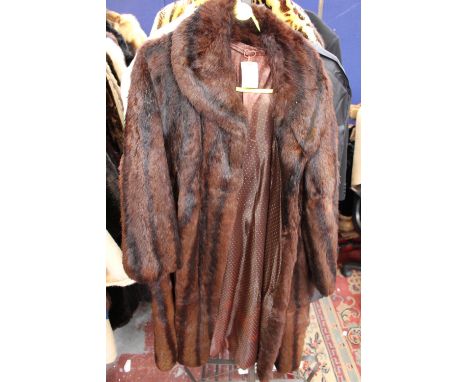 A 1950s shadow stripe Musquash swing coat, polka dot lining, shawl collar, full length 