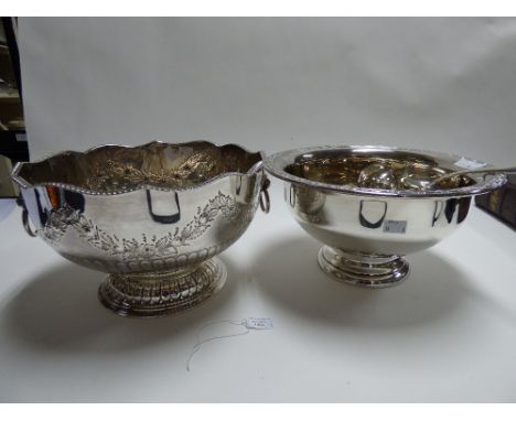 A modern silver plate on copper punch bowl with ladle and six cups; together with another similar punch bowl (2) 