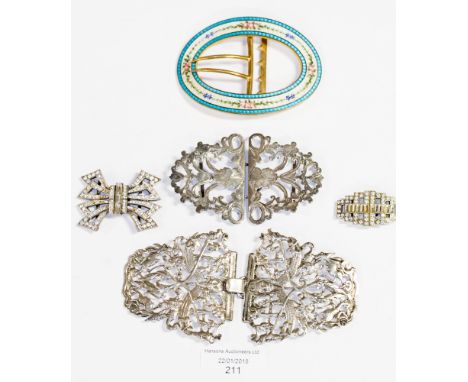 A gilt guilloche enamel buckle and four other buckles (5) 
