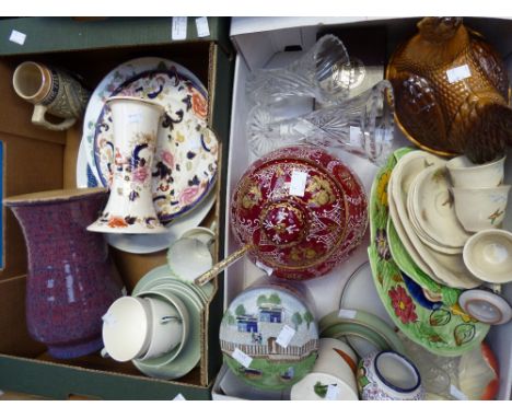 Two boxes of ceramics and glass to include Venetian punch bowl, Chinese jar and cover, stoneware vase, Copeland part tea set,