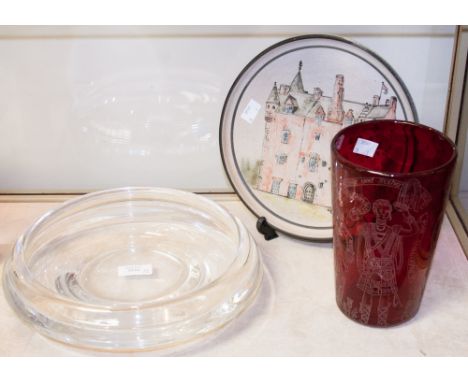 A Whitefriars red glass etched beaker vase, titled 'Officer Gordon Highlanders 1804', together with other titles depicting Sc