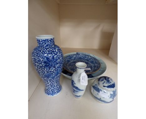 A collection of Chinese blue and white porcelain, late 19th century and later, comprising a large dish depicting dragons, a f