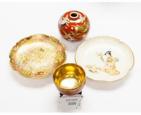 A Japanese Satsuma petal dish, together with a Japanese porcelain globular vase, another Japanese Satsuma dish, and a Saki bo