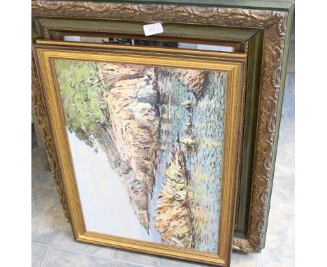 A contemporary impressionist oil on canvas depicting a coast line and a framed print entitled 'St Martins in the Building' si