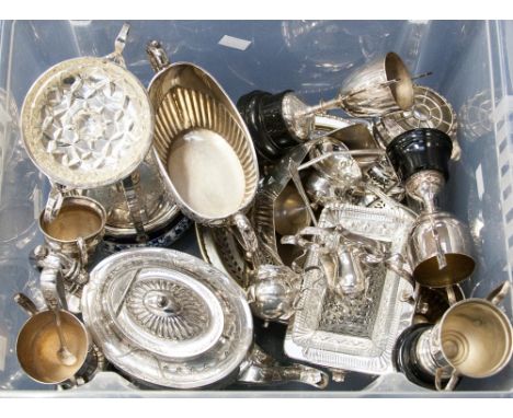 A silver plated oval three-piece tea service, engraved and semi-fluted, together with a silver plated and pottery biscuit bar