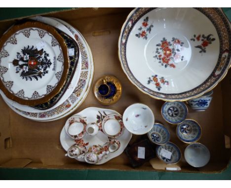 A collection of assorted trinket porcelain items, including a Staffordshire porcelain Imari tea for two sets on tray, togethe