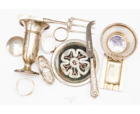 A vase, snuff box, silver covered glass box, cheese knife (filled silver handle) bread fork EPNS/mother of pearl, etc 