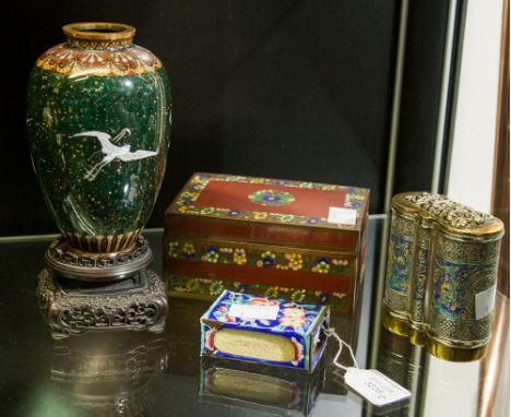 A collection of Oriental enamelled boxes and vase including matchbox holder etc.