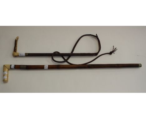 A riding whip with antler handle and a sword stick with bone handle (2) 