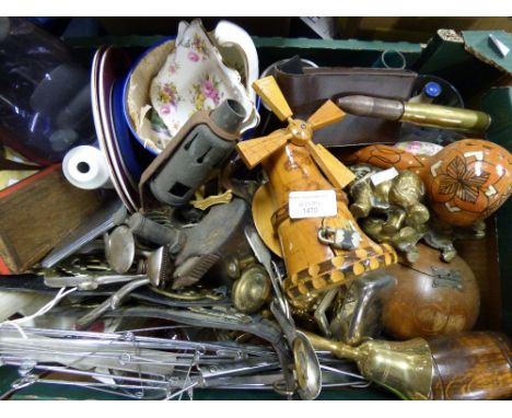 A box of metalware, treen, etc to include blow lamp, tea caddy money boxes, etc together with ceramics and glass, parcel lot 