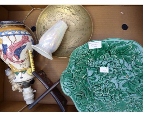 A pedestal Majolica bowl, with two similar plates an ivory finial etc 