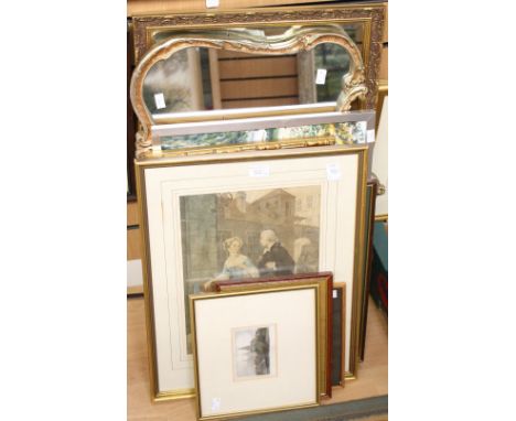 An unsigned print depicting a lady and gentleman courting, probably Continental school, mounted and frame, together with vari