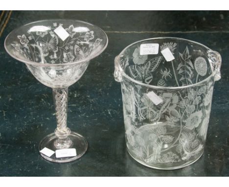 E M Dinkel, an etched glass ice bucket, circa 1960, decorated with floral specimens, together with a similar air twist tazza
