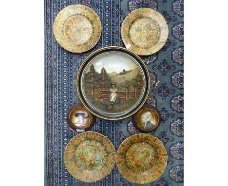 Two Continental hand painted porcelain portrait plaques, probably Vienna; together with plates decorated with cigar labels, e