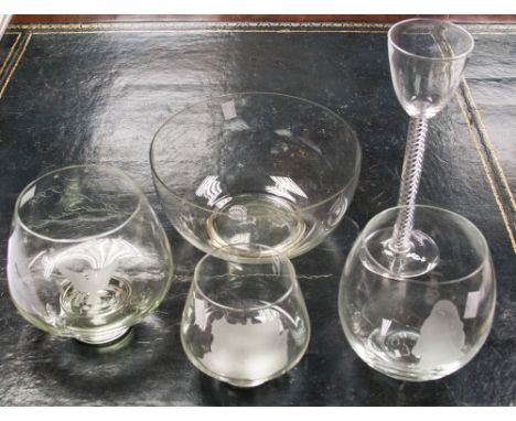 A collection of studio glass including etched Caithness, Steuben etc.