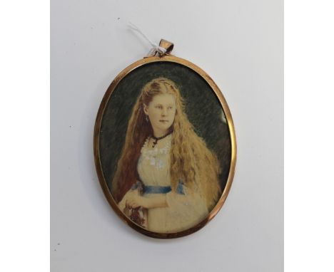 A 19th Century portrait miniature of a young lady, the frame inscribed 'Caroline Maria Haynes' aged 15, 1871 