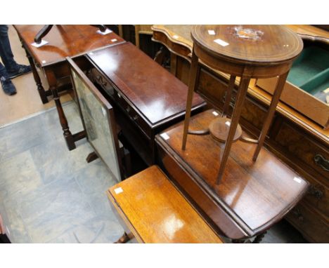 A collection of furniture, comprising drop leaf table, side unit, two tier occasional table, a drop leaf table and a firescre