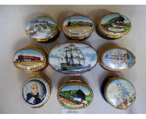 Nine Halcyon Days patch boxes, painted with Train Engines; battleships etc (9)