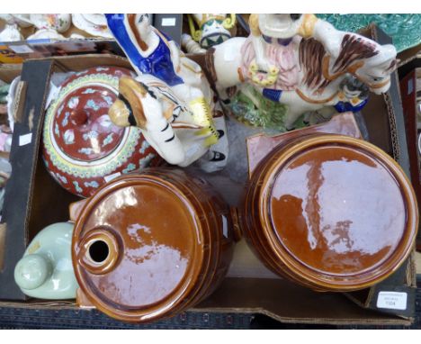 Two Staffordshire flatbacks, two ceramic barrels, etc (6) 