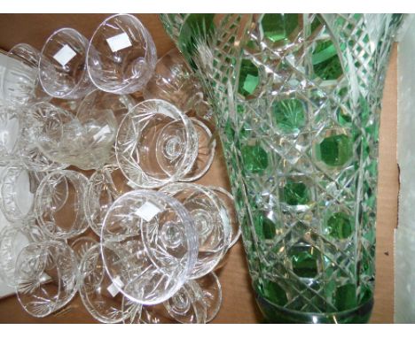 A green overlay Bohemian glass vase, star cut base (af) together with various cut glass and other fruit/sundae dishes and cha