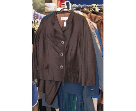 A brown wool 1980s suit; one 1970s tapestry jacket; one Frank Usher chocolate velvet dress (1970s) one grey French Worcested 