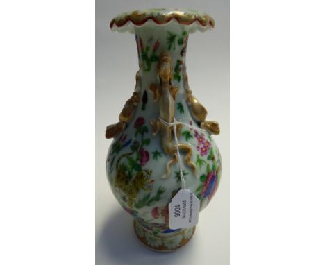 A Chinese early 19th Century famille rose single vase lizard (applied) decoration to the neck, one damaged decoration feature