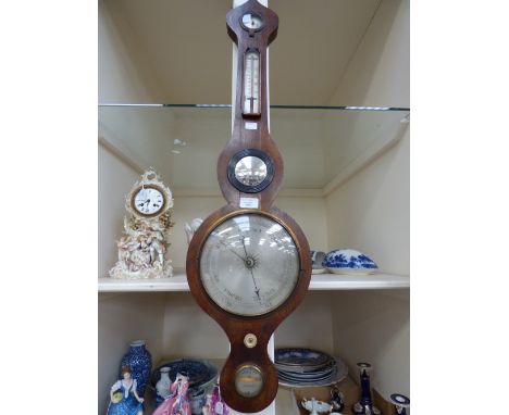 A 19th century mahogany cased banjo barometer and thermometer, the base section with a spirit level and a further gauge to th