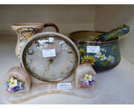 An Art Nouveau salad bowl and servers with plated mounts; Radford jug; 1950's soapstone clock (3) 
