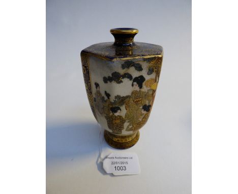 A Japanese Meiji period Satsuma vase, late 19th / early 20th century, of hexagonal form, decorated to sides with two panels d