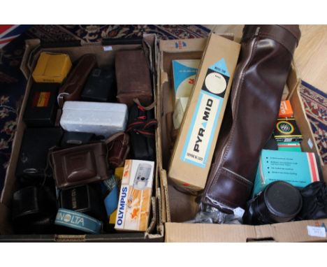 Two boxes of vintage cameras, including tripods x 2, Minolta camera, Kodak brownie, Fujica, body and lenses and accessories, 