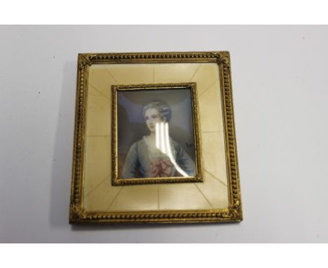 A 19th century portrait miniature, depicting Marquise de Pompadour, signed, in an ivory and gilt-metal frame, 6cm x 5cm