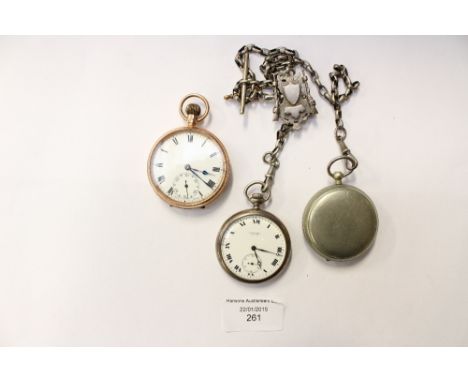 A 9ct gold open faced pocket watch, silver chain and pocket compass 