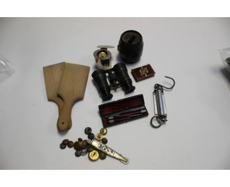 Vesta cases, enamel ashtray in barrel, binoculars, military buttons, parcel lot, etc 